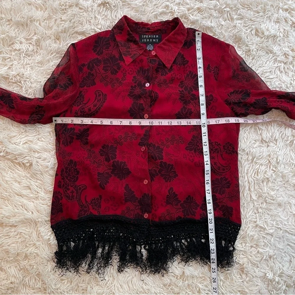 Vintage Spencer Jeremy Silk Semi Sheer Button Down Blouse Fringe red black SZ 10 - Picture 6 of 7